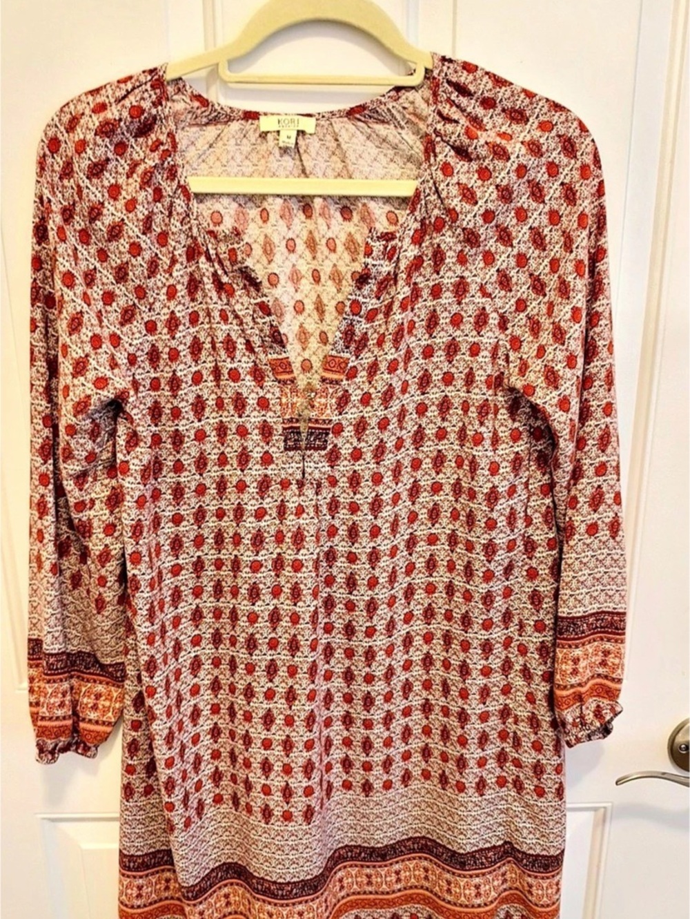 Kori America Printed Long Sleeve Tunic in Red & Brown